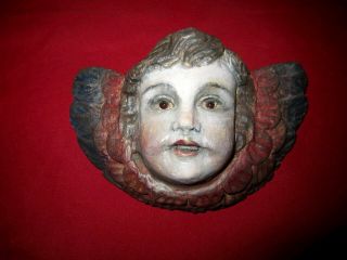 Vintage Antique Hand Carved Wood Glass Eyes Angel Cherub Santos Statue Plaque