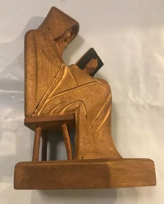 Vintage Hand Carved Monk Praying Reading Bible Sitting On Stool 7” Wood Figure