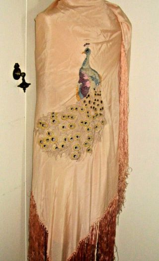 Antique Vtg Beige/peach Silk Hand Embroidered Piano Shawl Peacock Long Fringe