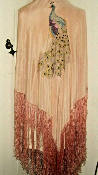 ANTIQUE VTG BEIGE/PEACH SILK HAND EMBROIDERED PIANO SHAWL PEACOCK LONG FRINGE 2