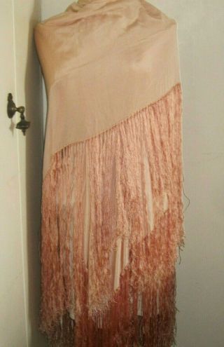 ANTIQUE VTG BEIGE/PEACH SILK HAND EMBROIDERED PIANO SHAWL PEACOCK LONG FRINGE 3
