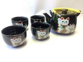 Maneki Neko Japanese Beckoning Lucky White Cat Black Teapot 4 Tea Cup Set Japan