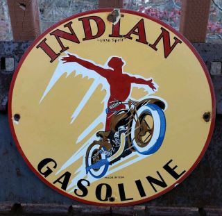 Vintage 1936 Spirit Indian Motorcycle Gasoline Porcelain Enamel Dealership Sign