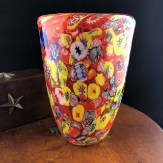 Vintage Millefiori Hand Blown Art Glass Murano Vase Italy Red Yellow 5.  5 "