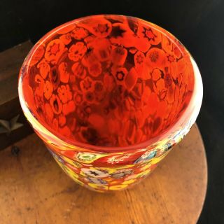Vintage Millefiori Hand Blown Art Glass Murano Vase Italy Red Yellow 5.  5 