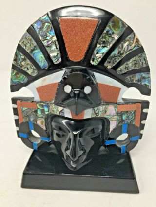 Aztec Mayan Incan Mexico Obsidian & Shell Mask Figurine 6 X 5 "