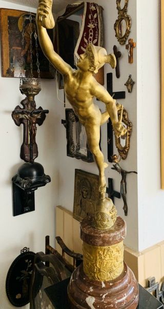 Outstanding Antique French Dore Bronze Mercury On A Marble Base.