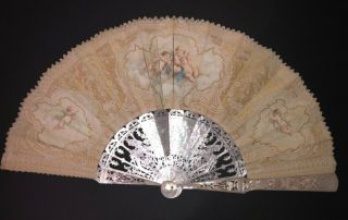 Antique French Carved Mother Of Pearl Chantilly Lace Painted Cherub Scene Fan
