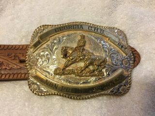 Vintage Crumrine Belt Buckle And Leather Belt Georgia Ghs Non - Pro Champion 1984