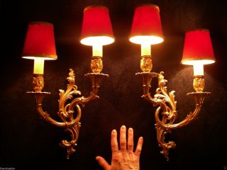 Gorgeous Pair Louis Xv Rococo Chateau 2 Lights Gilt Bronze Sconces Stamped