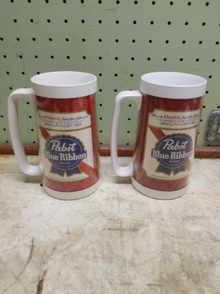 Set Of 2 Vintage Pabst Blue Ribbon Beer Thermo - Serv Mugs Cups
