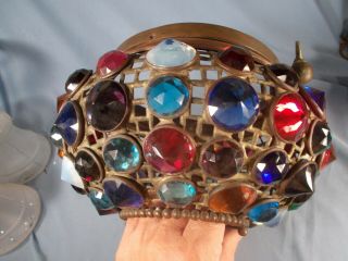 Antique Gas Victorian Brass 66 Jeweled Shade Harp Hall Chandelier Lantern Lamp