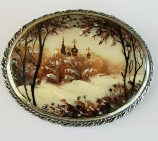 Vtg Russian Fedoskino Miniature Art Landscape Pin Signed By Artist Lacquered Mop