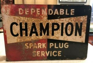 Champion Dependable Spark Plug Service Vintage 2 Sided Flange Sign 3
