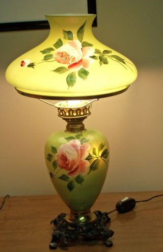 Antique Fc Co Gwtw Hurricane Lamp Electric Green Roses 1900 Victorian