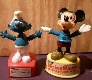 Vintage Mickey Mouse And Smurf Push Up Puppets