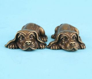 2 Unique China Bronze Handmade Casting Dog Figurines Statue Gift Collec Old