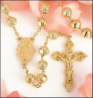 Womens Gold Tone Rosebud Bead Rosary With Our Lady Of Guadalupe Centerpiece