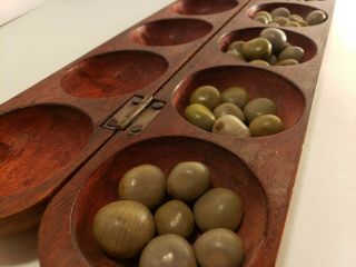 Mancala Game Folding Board And Acorn Beads - Vintage African Carved Wood