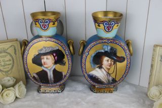 Antique Pair French Porcelain Round Vases Portrait Monogram Marked Rare