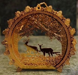 Danbury 2000 Gold Plated Christmas Ornament Deer In The Woods