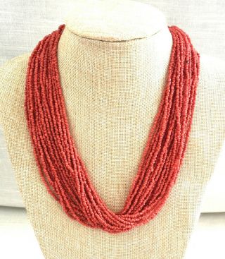 Vintage 23 Multi - Strand Red Coral Seed Bead Tribal Necklace - 21 Inches Long
