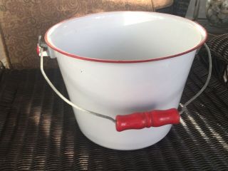 Vintage White Enamel Ware Bucket W/red Rim And Handle (m)