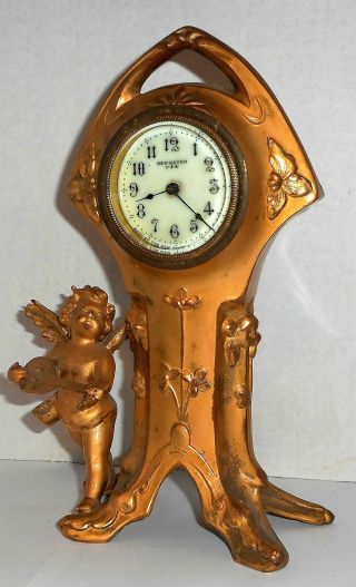 Antique Art Noveau Haven Novelty Cherub Gilt Desk Boudoir Mantel Clock Runs