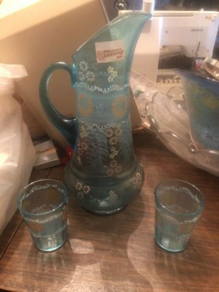 Antique Victorian Hand Painted Enamel Pitcher & 6 Glasses,  Water Lemonade Set