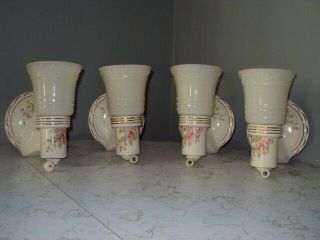 4 Vintage Porcelier Porcelain Floral Wall Lights Sconces Custard Glass Shades