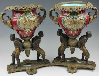 Pr Old Bronze Figural Blackamoor Polychrome Gild Mounted Porcelain Shelf Vases