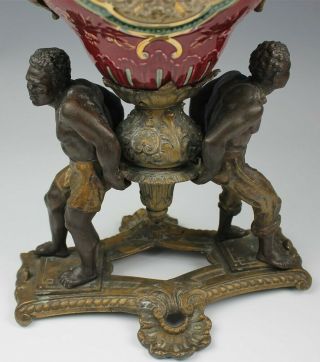 Pr Old Bronze Figural Blackamoor Polychrome Gild Mounted Porcelain Shelf Vases 3