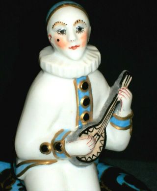 Antique French Art Deco Aladin Era Limoges Pierrot Jester Porcelain Box Figurine