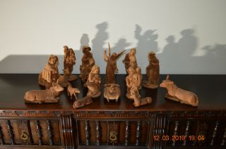 Vintage 18 Pc.  Signed Hand Carved Wood Nativity Scene Manger Jesus Mary Joseph