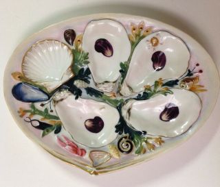 Antique Upw Oyster Plate,  4 Wells,  Pink/blue,  Shell Well,  Sea Life