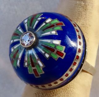 Antique Art Deco 14k Gold Enamel Dome Ring With Old Mine Cut Diamond
