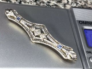 Vintage Art Deco 14k Gold Diamond & Sapphire Filigree Pin Brooch 5.  8 Grams