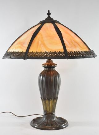 Antique Arts And Crafts Style Carmel Bent Panel Slag Glass Lamp 19 " Shade