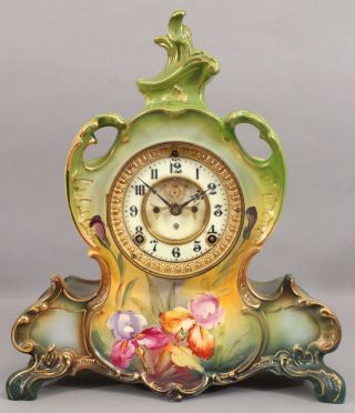 Antique Victorian Ansonia,  Royal Bonn,  La Venee,  Painted Porcelain Mantle Clock
