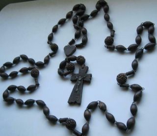 Antique French Lourdes Souvenir Wall Rosary 50 " Carved Wood Beads From France