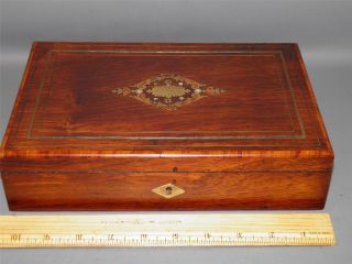 Antique Rosewood Jewelry Trinket Keepsake Box Mother Of Pearl & Brass Inlay