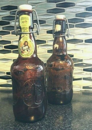 Set Of 2 Vintage Grolsch Lager Beer Bottles,  Brown Glass With Top