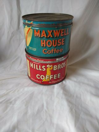 Vintage Maxwell House One Pound And Hill Bros Coffee Can With Lids