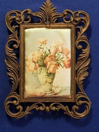 Vintage Ornate Brass Frame With Silk Picture Women Flower Made In Italy