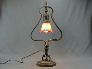 Antique Bronzed Iron Harp Lamp Light Le Verre Francais Pate De Verre Glass Shade