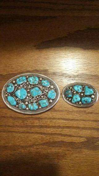 Vintage Native American Sterling Silver Turquoise Belt Buckle Set