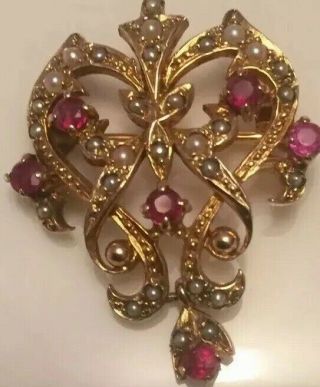 Seed Pearl Ruby And Spinel 9 Ct Gold Pendant/broach Vintage