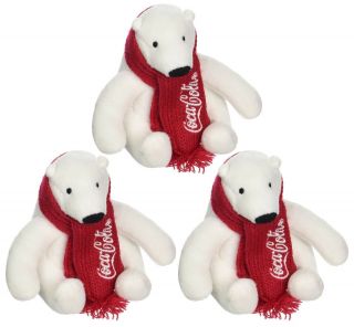 3 - Pack Coca Cola Coke Mini Plush Polar Bear W/ Red Scarf 4” Stuffed Animal