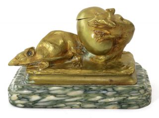 19th C.  Bronze Inkwell With Two Mice,  Mounted On Marble Plinth [11242]