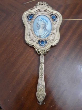 Antique Hand Mirrow Of Bronze And Enamel Painted Miniature Portrait French